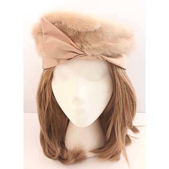 VTG 50s Blond Mink Blush Satin Pillbox Cocktail Hat Dece Original main image 5